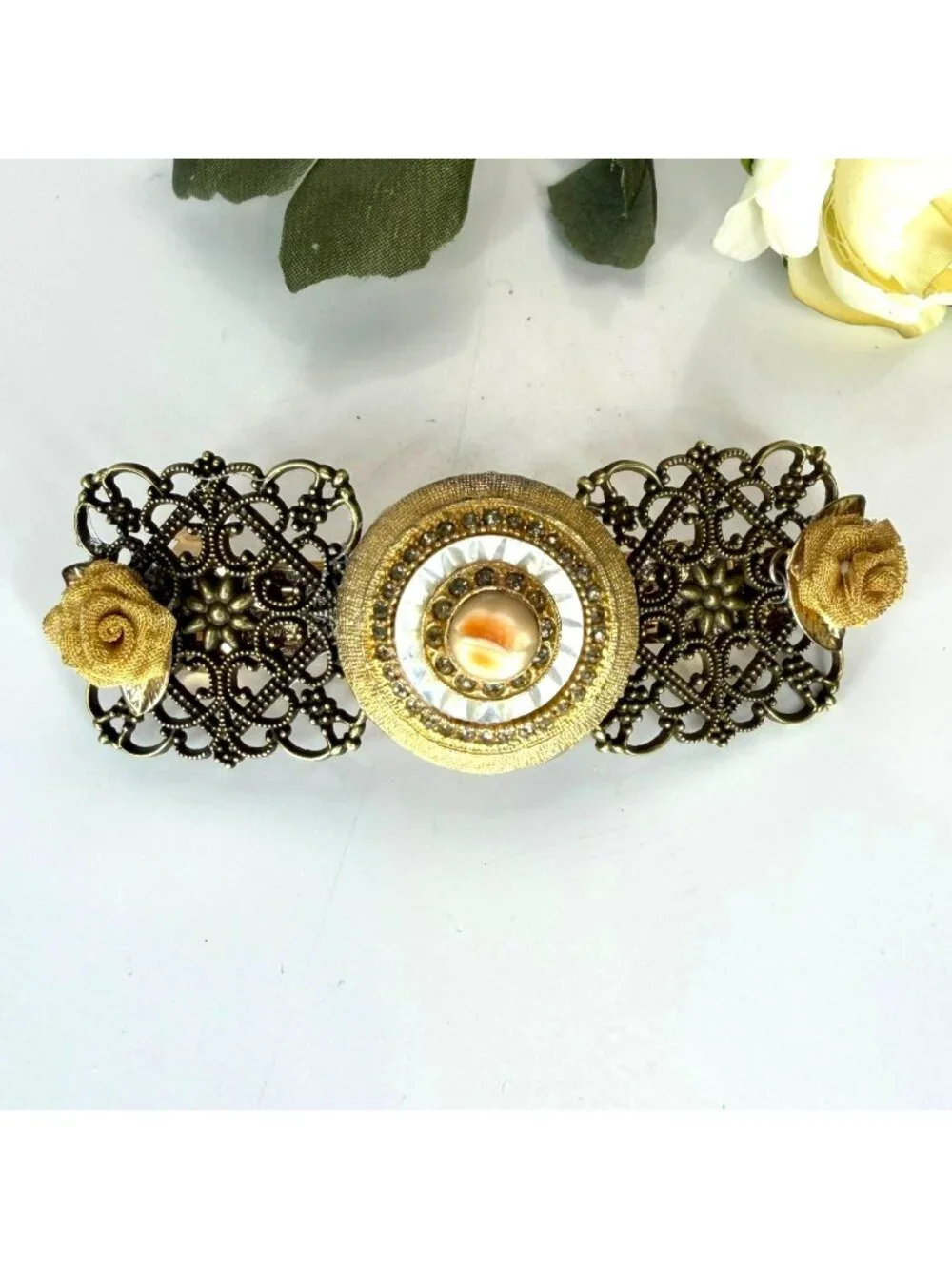 Gold Rose Filigree Barrette | One of a Kind Vintage Jewelry Hair Clip